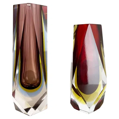 Pre-owned Alessandro Mandruzzato Set Of 2 Faceted Murano Glass Sommerso Vase Designed By Flavio Poli Italy, 1970s In Brown