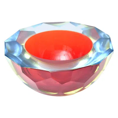 Pre-owned Alessandro Mandruzzato Vintage Murano Mandruzzato Diamond Faceted Glass Geode Bowl Sommerso Red, Blue