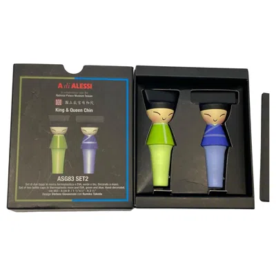 Pre-owned Alessi A Di  King And Queen Chin Set Of 2 Bottle Stops In Blue And Green