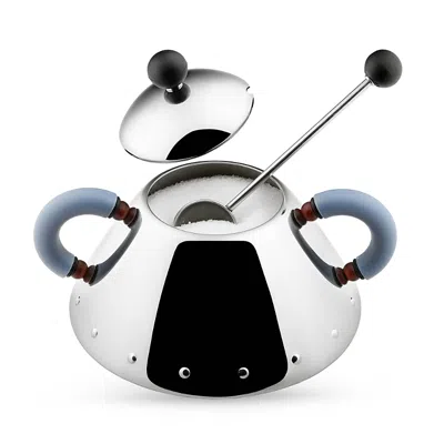 Alessi Michael Graves For  Sugar Bowl And Spoon In Stainless Steel/light Blue