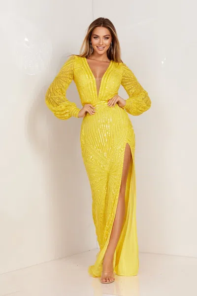 Aleta 1128 Sequin Long Sleeve Formal Prom Dress In Yellow