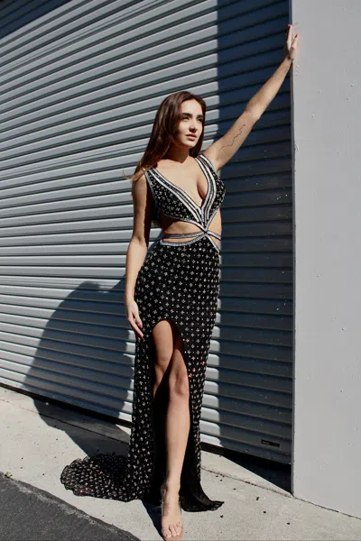 Aleta 1191 Prom Fitted Long Formal Beaded Slit Dress In Black