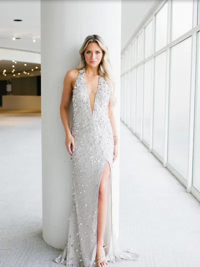 Aleta 1197 Long Fitted Formal Beaded Prom Dress In Silver