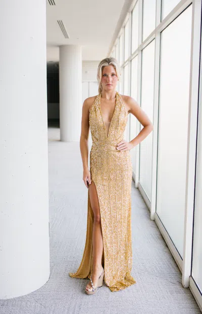 Aleta 1441 Long Formal Sequin Fitted Prom Dress In Gold