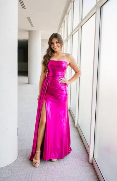 Aleta 1457 Long Formal Metallic Slit Prom Dress In Pink