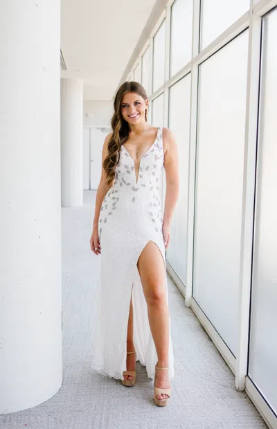 Aleta 1520 Long Formal Slit Sequin Prom Dress In White