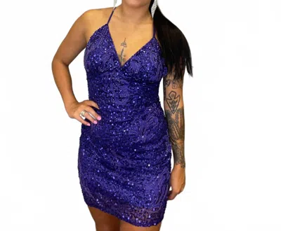 Aleta Beaded Short Cocktail Dress In Purple In Blue