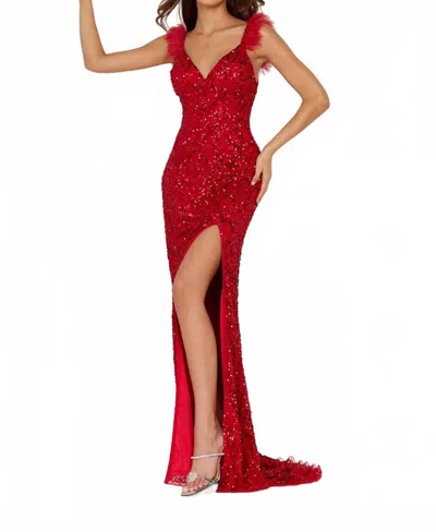 Aleta Feather Strap Sweetheart Neck Long Gown In Red