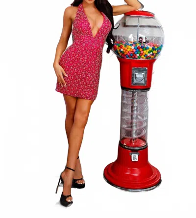 Aleta Floral Pattern Halter Cocktail Dress In Fuchsia In Red