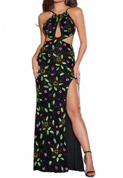 Aleta Floral Sequin Embellished Halter Neck Prom Dress In Black/multi