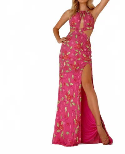 Aleta Floral Sequin Embellished Halter Neck Prom Dress In Sassy Magenta In Pink