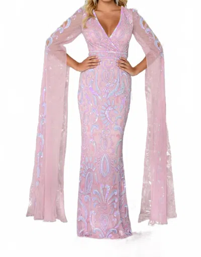 Aleta Long Cape Sleeve Sequin Prom Dress In Lilac In Pink