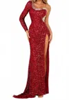Aleta One Shoulder Design Full Sequin Dress In Red In Red