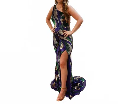 Aleta One-shoulder Strappy Back Formal Gown In Purple-gold-green In Blue