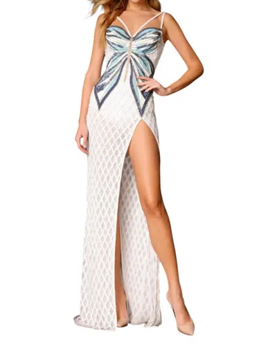 Aleta Sequin Butterfly Prom Dress In Ivory/blue/gold In Neutral