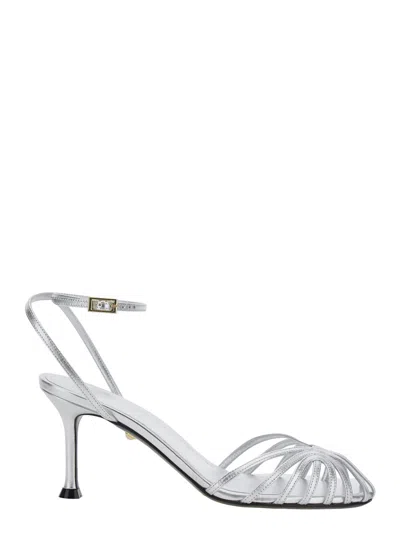 Alevì Ally-75 Metallic Pumps With Adjustable Ankle Strap And Heel In Leather Woman In Silver