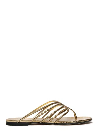 Alevì Flat Flip-flop Sandal With Thin Lizard-print Leather Straps In Gold