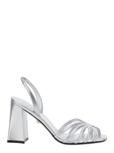 Alevì Milano 'tara' Metallic Sandals With Elastic Ankle Strap And Block Heel In Leather Woman In Grey