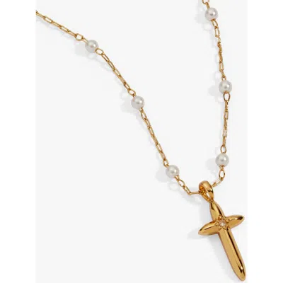Alex And Ani Cross 413 Pearl Rosary Chain Pendant Necklace In Gold