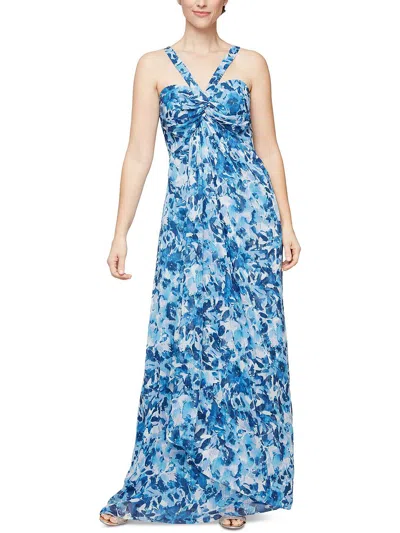 Alex & Eve Womens Floral Print Long Halter Dress In Blue