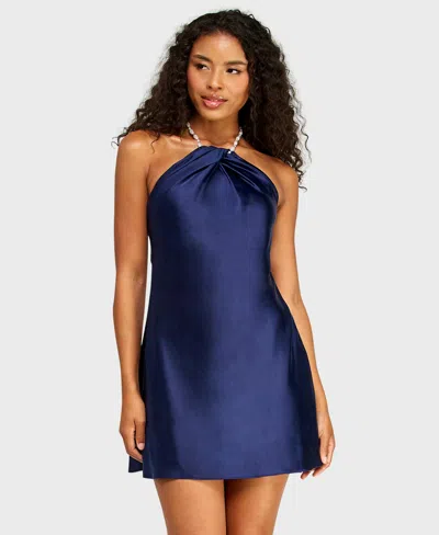 Alex & Sophia Alexa & Sophia Juniors' Halter Heavy Satin Dress With Pearl Beaded Necklace Detail In Multi