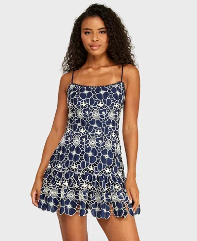 Alex & Sophia Alexa & Sophia Juniors' Scoop Neck Embroidered Voile Dress With Skirt Ruffle And Lace Trim Detail In Blue