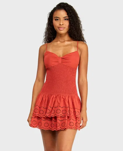 Alex & Sophia Alexa & Sophia Juniors' V-neck Embroidered Eyelet Dress With Tiered Skirt And Lace Trim Detail In Red