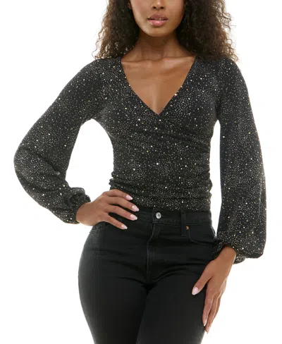 Alex & Sophia Glitter Side-shirred V-neck Top In Blk,gold