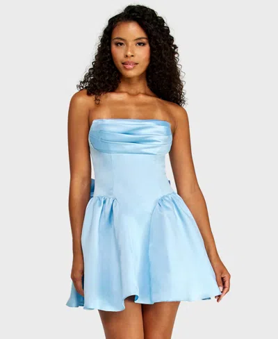 Alex & Sophia Juniors' Back Bow Detail Strapless Satin Dress In Blue