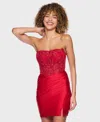Alex & Sophia Juniors' Corset Top Strapless Midi Dress In Red