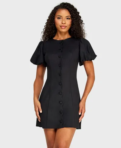 Alex & Sophia Juniors' Crewneck Scallop Button-front Detail Mini Dress In Black