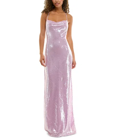 Alex & Sophia Juniors' Cross-back Sequin Gown In Lilac,crystal