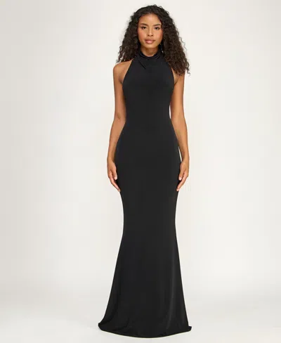 Alex & Sophia Juniors' Drape Halter Neck V-waist Detail Gown In Black