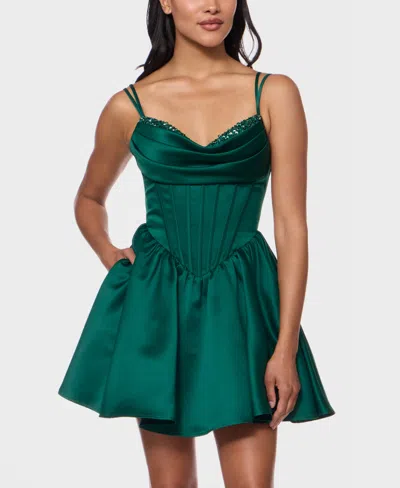 Alex & Sophia Juniors' Drape Stone Detail Neck Satin Dress In Green