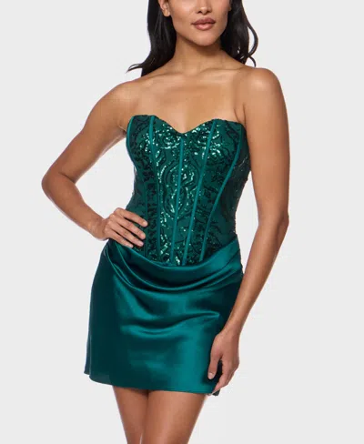 Alex & Sophia Juniors' Draped Skirt Strapless Satin Dress In Green