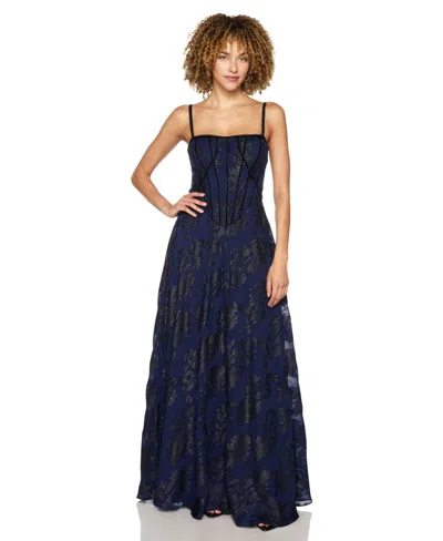 Alex & Sophia Juniors' Floral-print Chiffon Jacquard Corset Bodice Gown In Navy