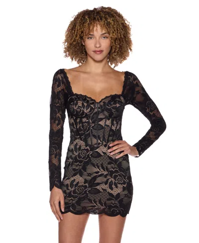 Alex & Sophia Juniors' Lace Corset Bodice Sheer Long-sleeve Dress In Black