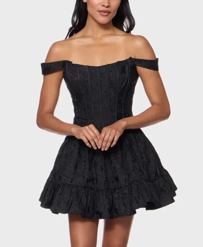 Alex & Sophia Juniors' Off-the-shoulder Corset Bodice Jacquard Dress In Black