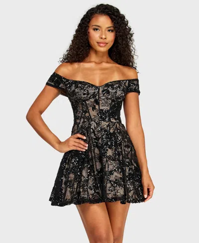 Alex & Sophia Juniors' Off-the-shoulder Lace Sequin Dress In Black