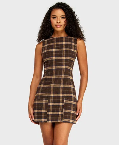 Alex & Sophia Juniors' Plaid Crewneck Tie-back Mini Dress In Brown