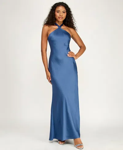 Alex & Sophia Juniors' Satin Halter Neck Gown In Blue
