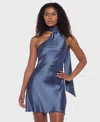 Alex & Sophia Juniors' Scarf-neck One-shoulder Satin Bodycon Dress In Blue