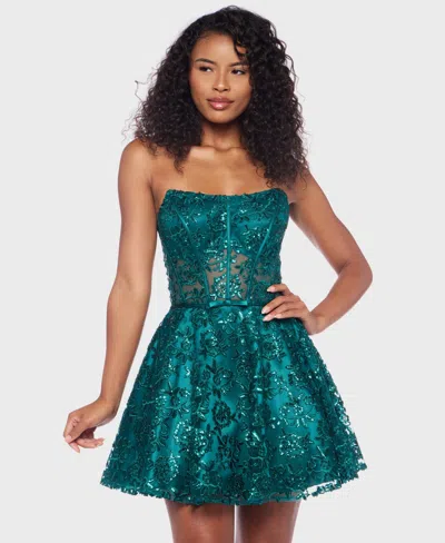 Alex & Sophia Juniors' Scoop Neck Strapless Bustier Dress In Green