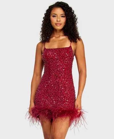 Alex & Sophia Juniors' Square Neck Bead & Imitation Pearl Detail Sequin Dress In Red