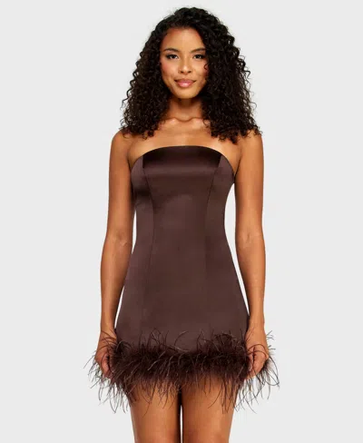 Alex & Sophia Juniors' Strapless Feather Trim Detail Dress In Brown