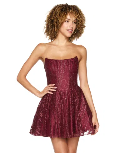 Alex & Sophia Juniors' Strapless Glitter-mesh Corset-bodice Dress In Red
