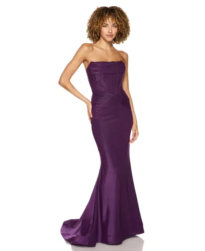 Alex & Sophia Juniors' Strapless Shiny Knit Front-drape Gown In Purple