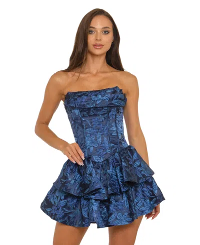 Alex & Sophia Juniors' Strapless Sweetheart Jacquard Tiered Dress In Blue