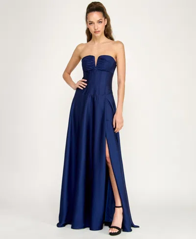 Alex & Sophia Juniors' Strapless V-detail Polyester Slit Skirt Gown In Blue