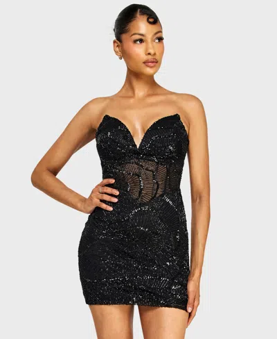 Alex & Sophia Juniors' Strapless V-neck Sequin Beaded Dress In Black